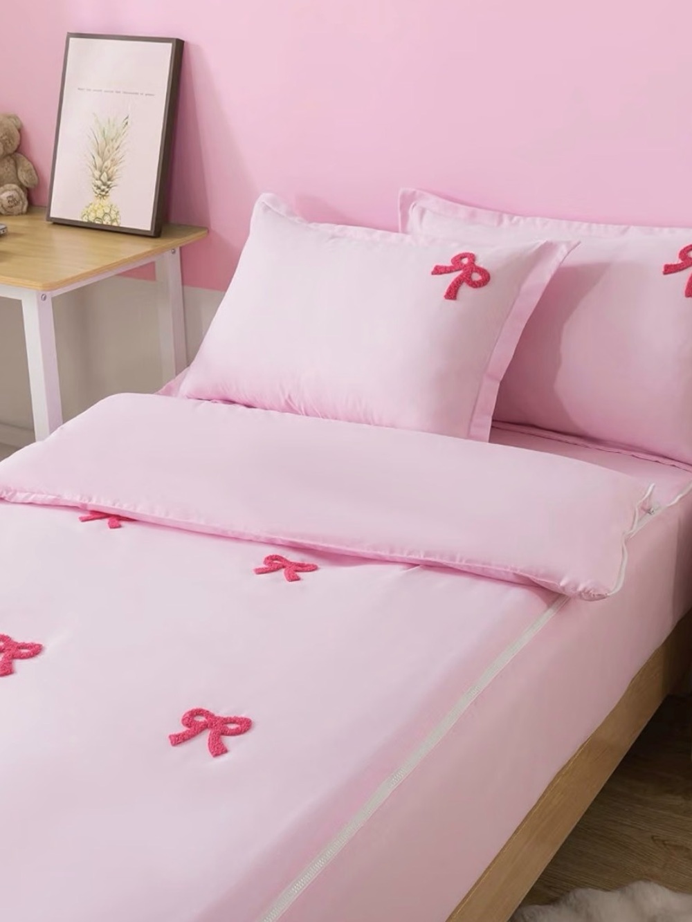 Pink Bow Zippered Twin SizeComforter Set with built-in sheet plus 2 pillow shams